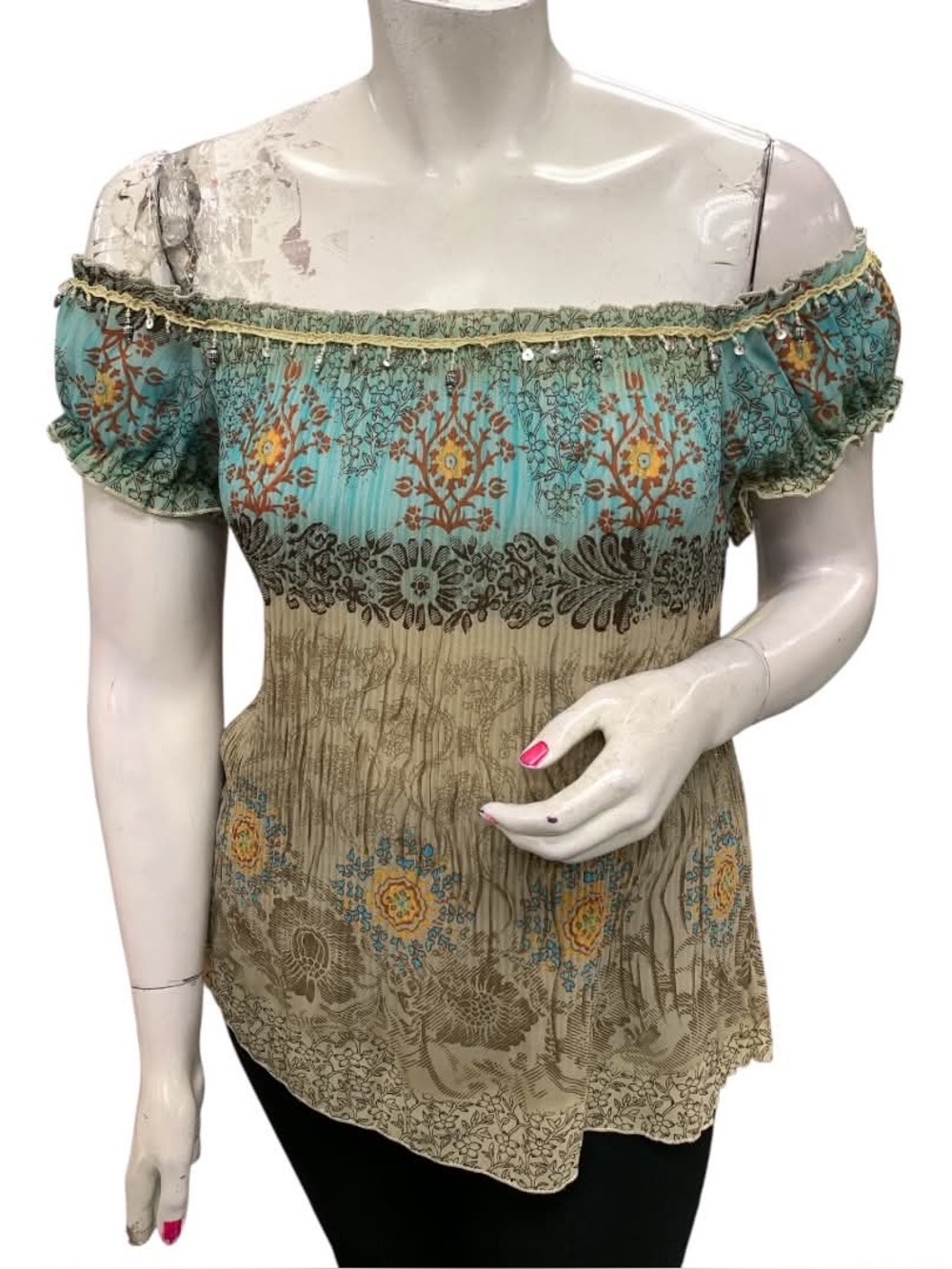 Piano Off-Shoulder Floral Tunic Top in Teal and Tan Size XL